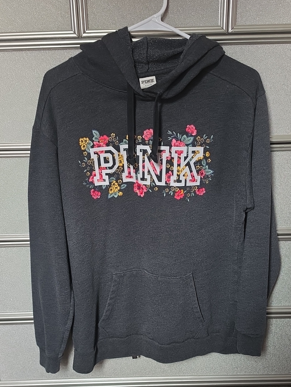 PINK Victoria's Secret Charcoal Hoodie with Floral Logo